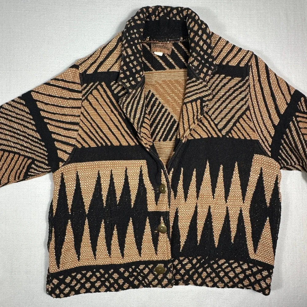 Vintage Painted Pony Southwestern Tapestry Knit Sweater Jacket Brown Black L
